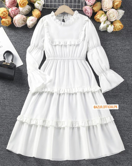 White Ruffle Dress with Elastic Sleeves