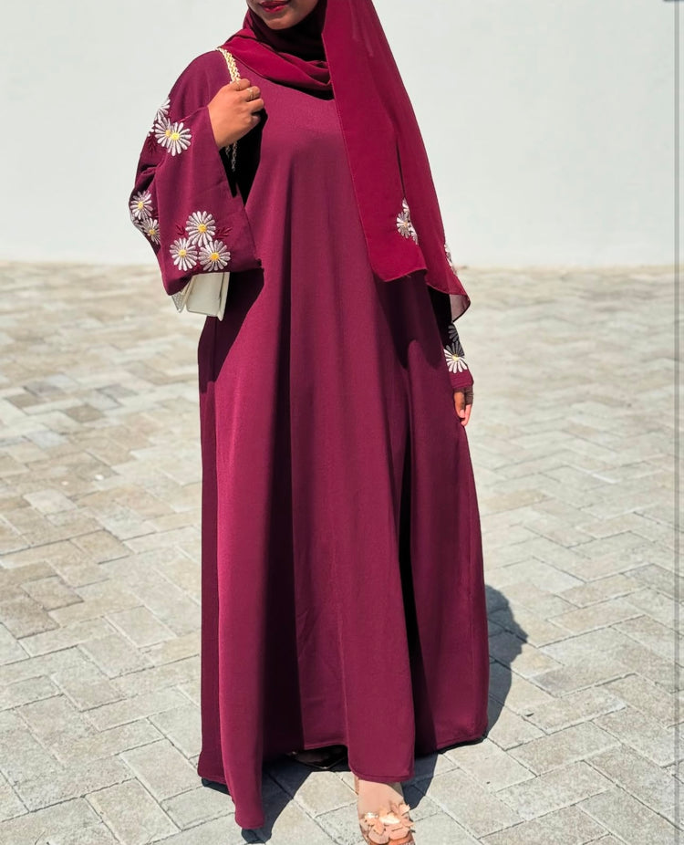 Floral Embroidered Crushed Silk Abaya
