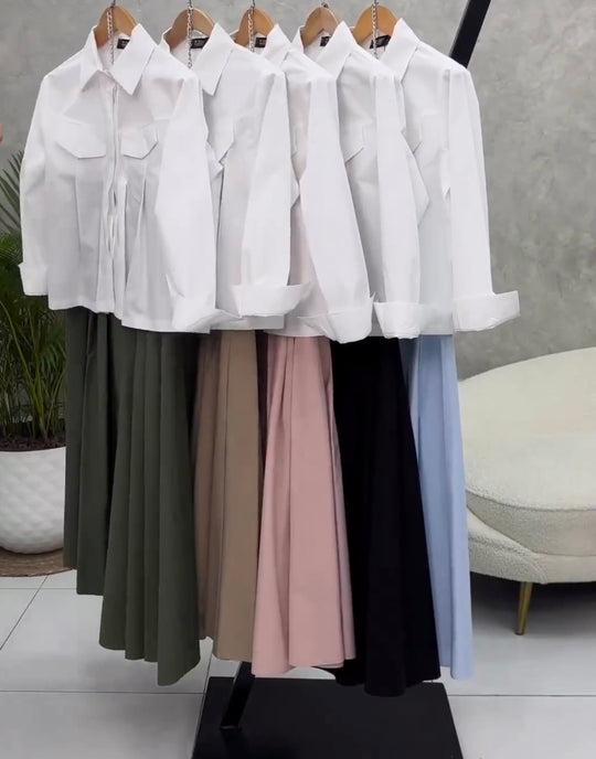 Classic Cotton Shirt & Pleated Skirt Set