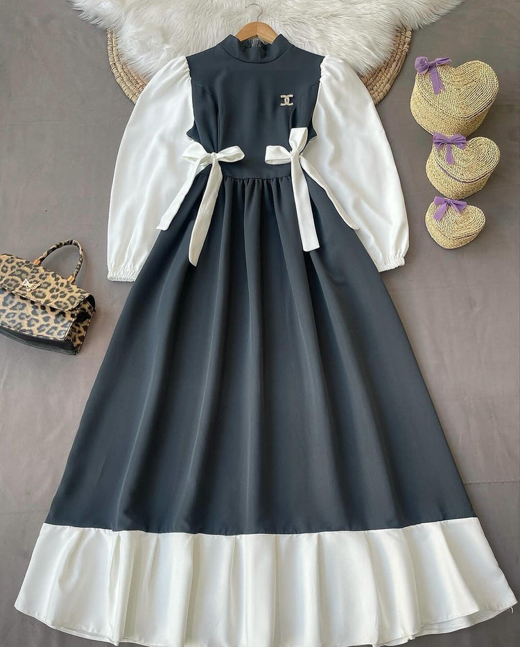 Elegant Contrast Bow Dress