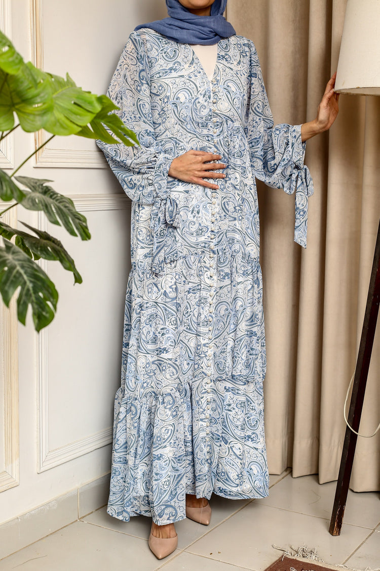 Blue Paisley Chiffon Maxi Dress