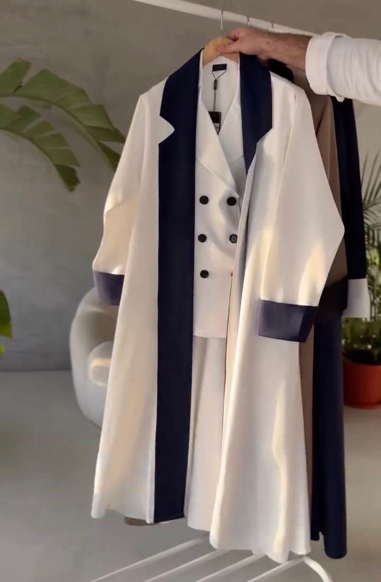 Elegant Tuxedo-Inspired Abaya Set – Gown, Shirt & Trousers