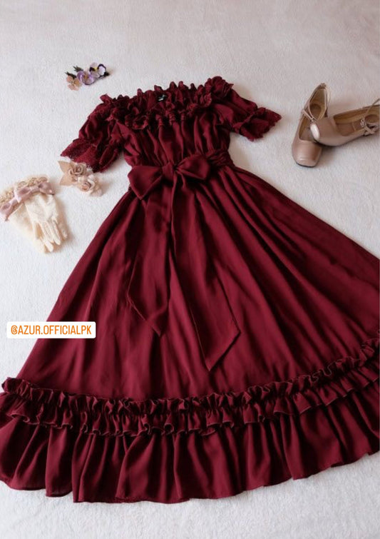 Off-Shoulder Maroon Ruffle Dress