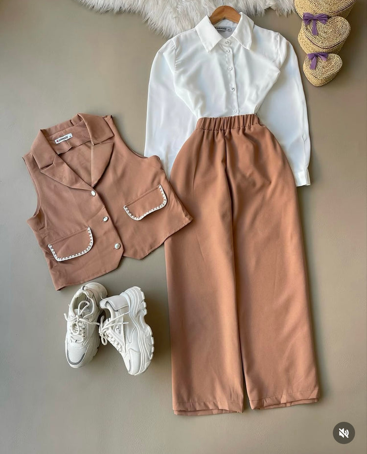 Chic Three-Piece Set with Embellished Vest