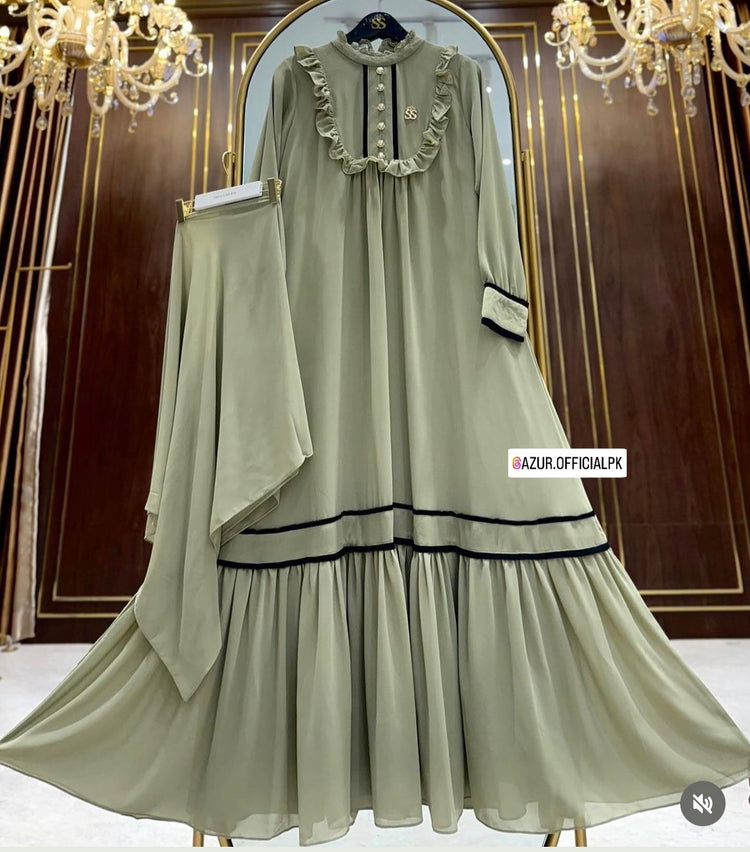 Elegant Ruffled Double Georgette Abaya with Stole