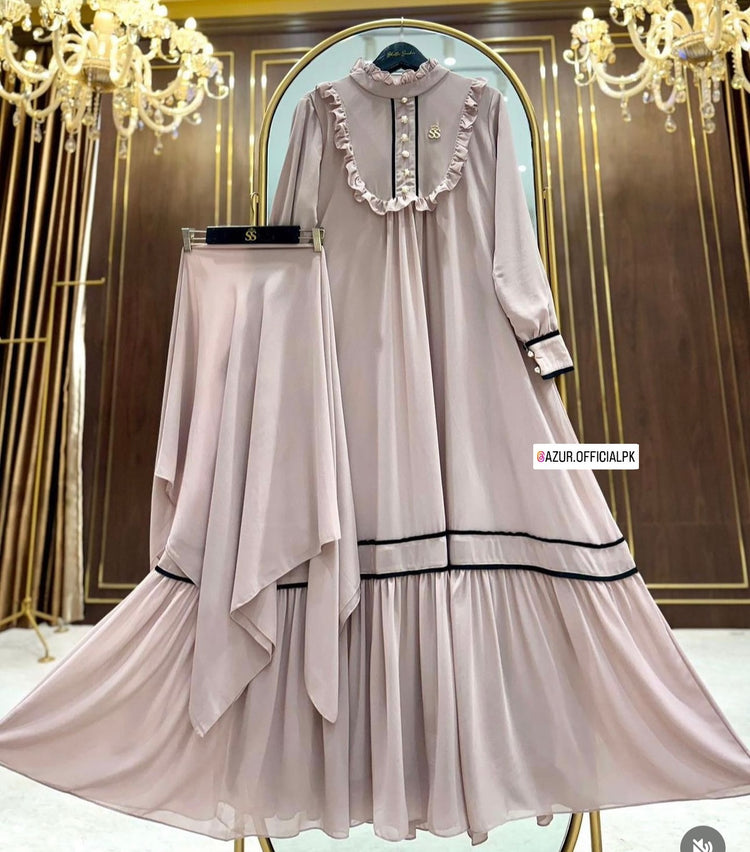 Elegant Ruffled Double Georgette Abaya with Stole