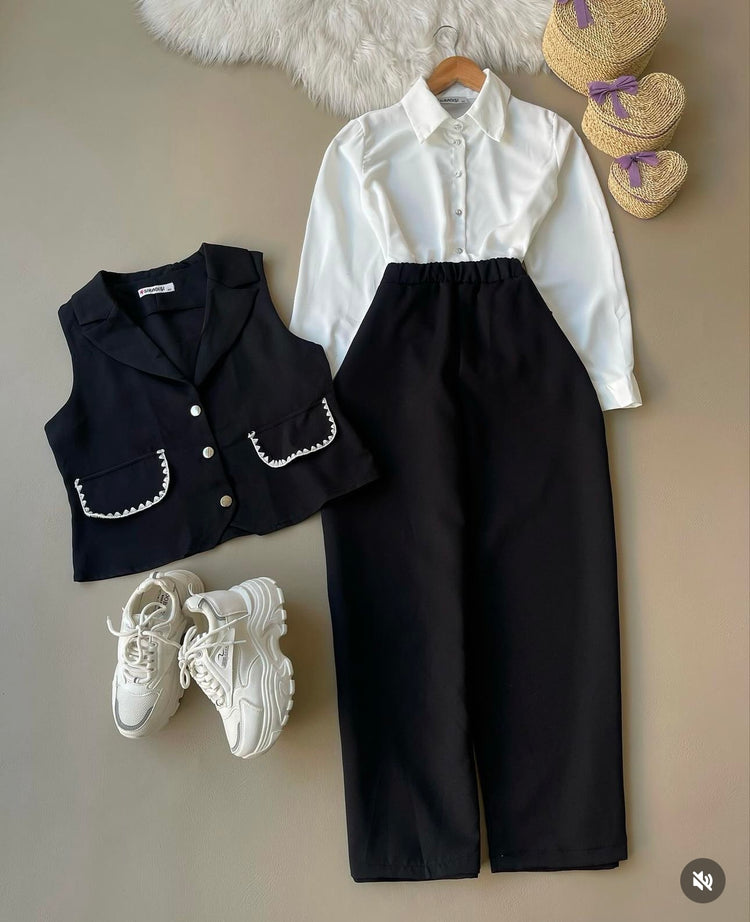 Chic Three-Piece Set with Embellished Vest