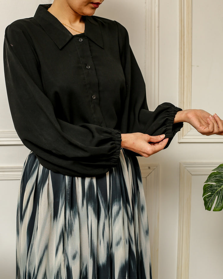 Black Georgette Shirt with Printed Chiffon Skirt