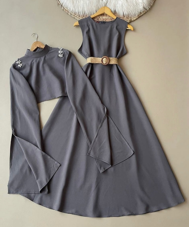 Elegant Double Georgette Dress with Embellished Crop Jacket