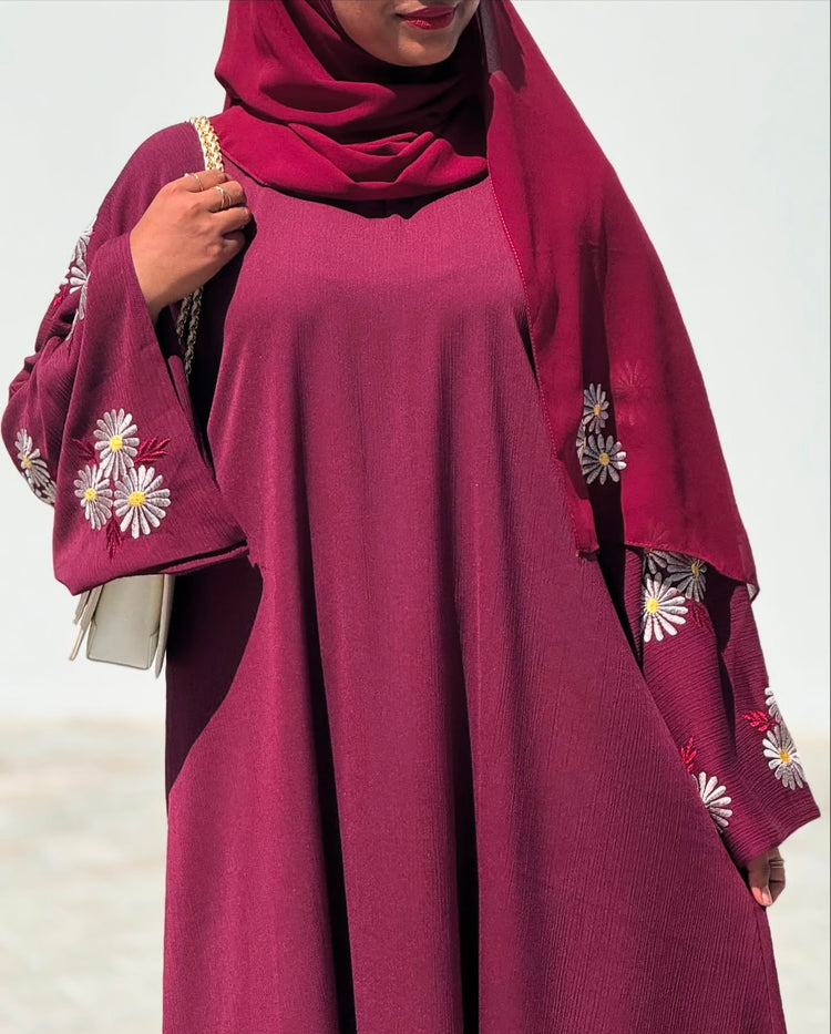 Floral Embroidered Crushed Silk Abaya