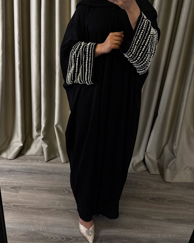 Black Velvet Abaya with Pearl-Embellished Sleeves