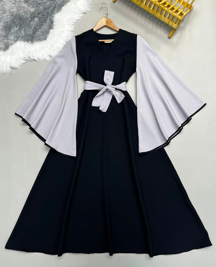 Elegant Contrast Sleeve Bow-Tie Dress