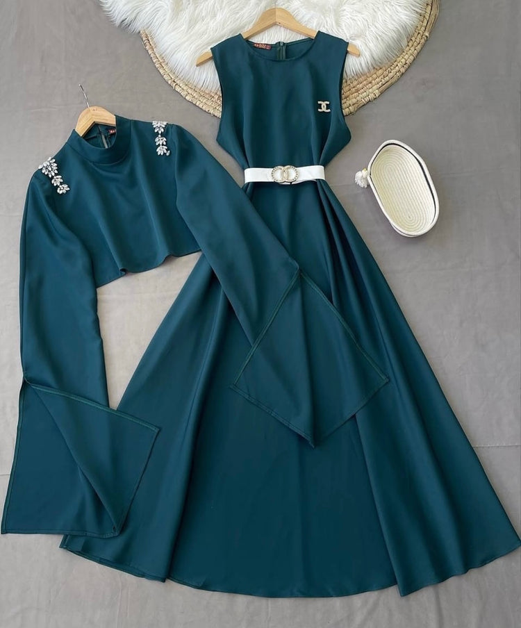 Elegant Double Georgette Dress with Embellished Crop Jacket