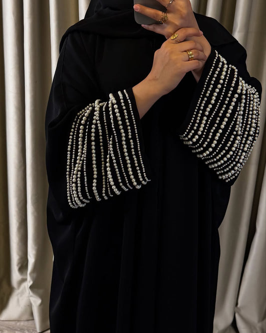 Black Velvet Abaya with Pearl-Embellished Sleeves