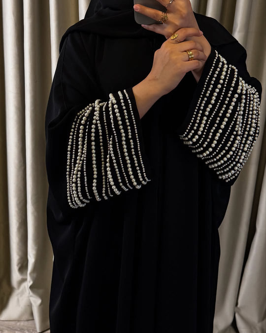 Black Velvet Abaya with Pearl-Embellished Sleeves