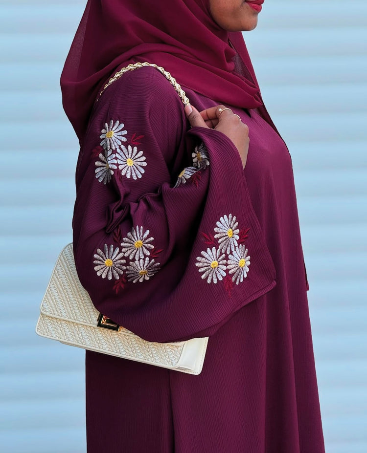 Floral Embroidered Crushed Silk Abaya