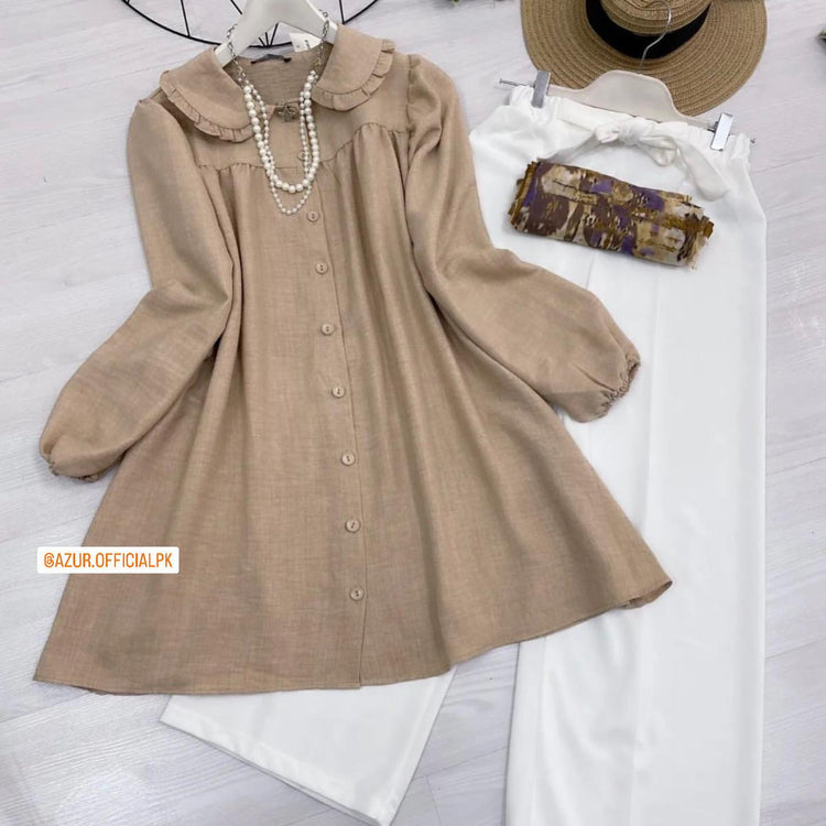 Frilled Collar Cotton Tunic & Trousers Set