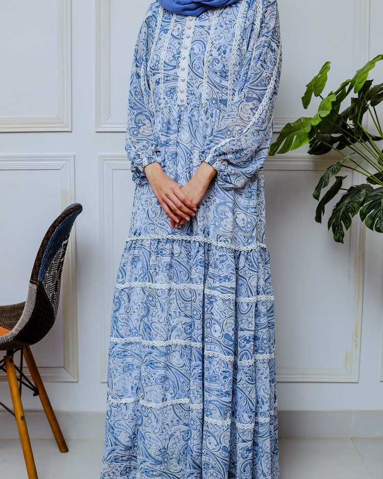 Blue Paisley Chiffon Maxi Dress