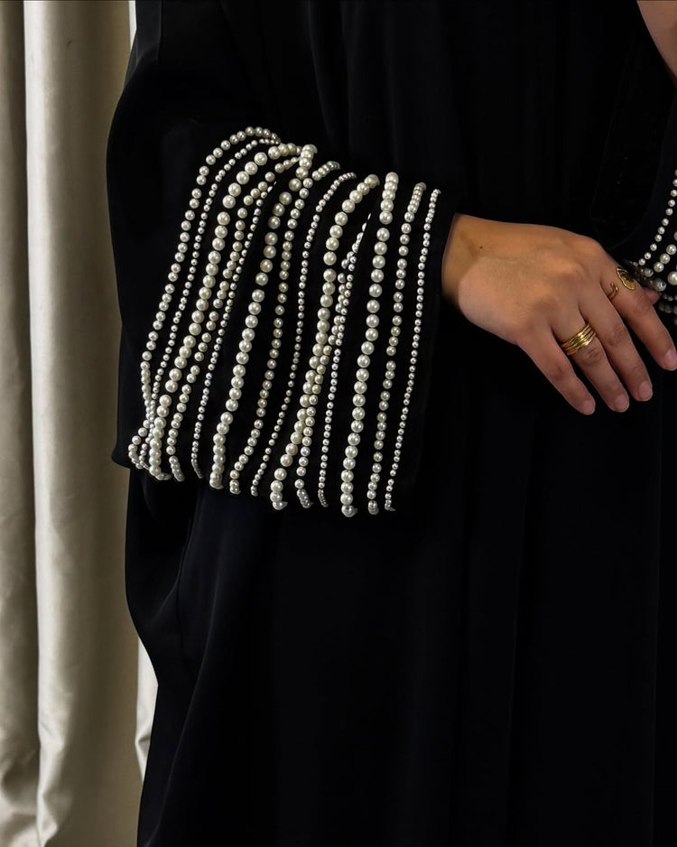 Black Velvet Abaya with Pearl-Embellished Sleeves