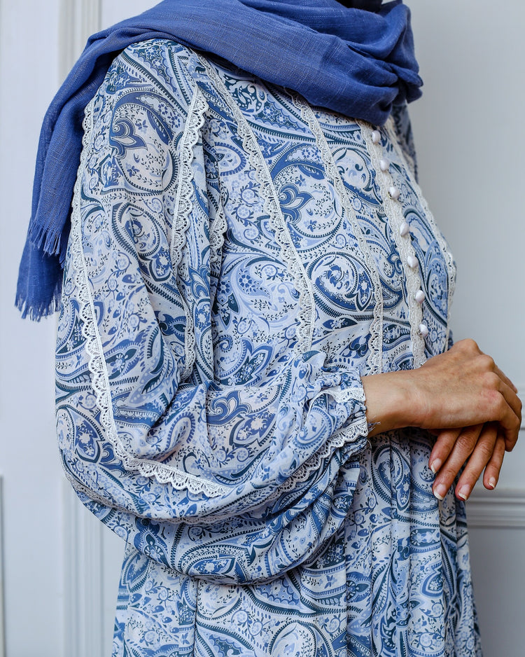 Blue Paisley Chiffon Maxi Dress
