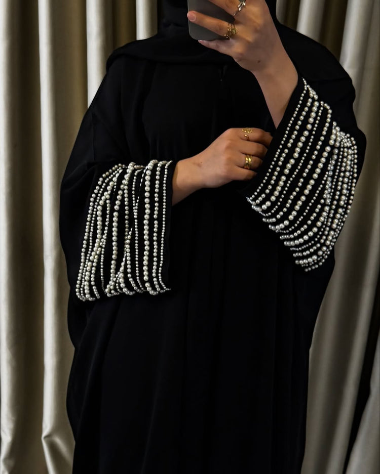 Black Velvet Abaya with Pearl-Embellished Sleeves