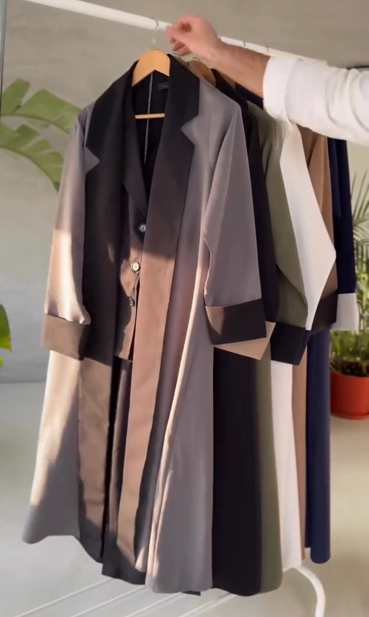 Elegant Tuxedo-Inspired Abaya Set – Gown, Shirt & Trousers