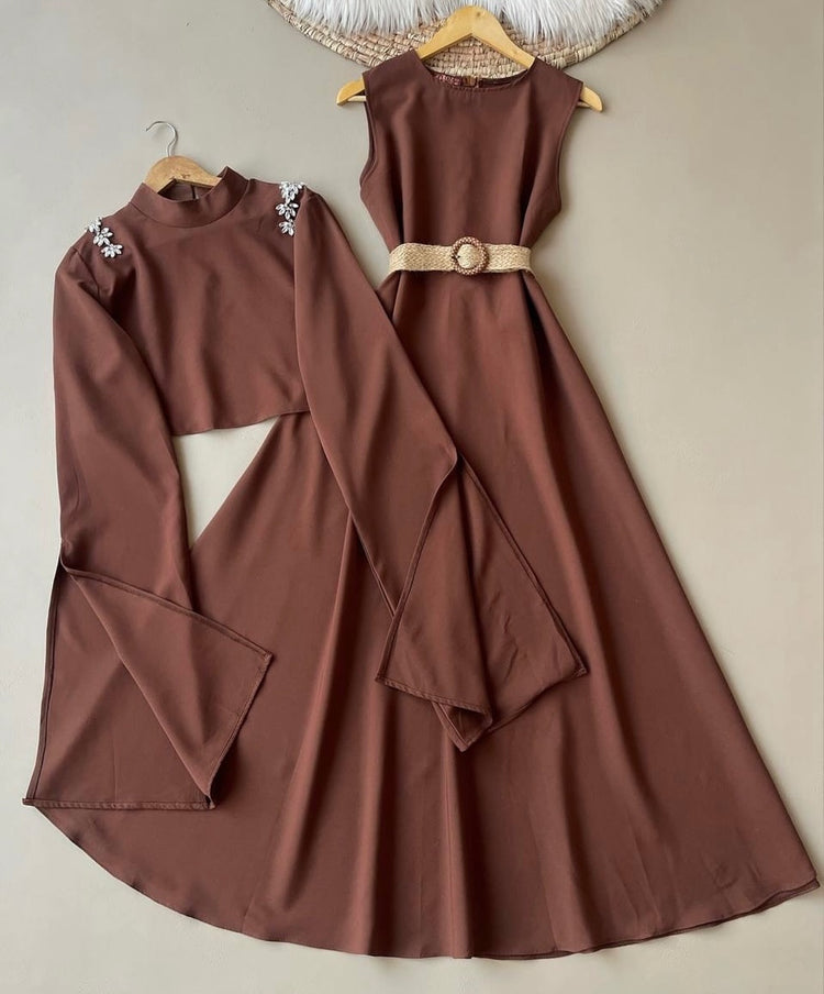 Elegant Double Georgette Dress with Embellished Crop Jacket