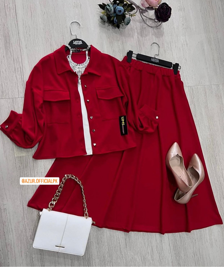 Double Georgette 3-Piece Co-Ord Set (Inner, Shirt & Skirt)
