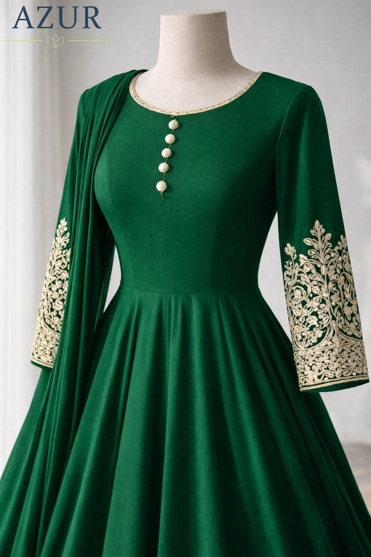 Embroidered Sleeve Flared Gown with Chiffon Dupatta