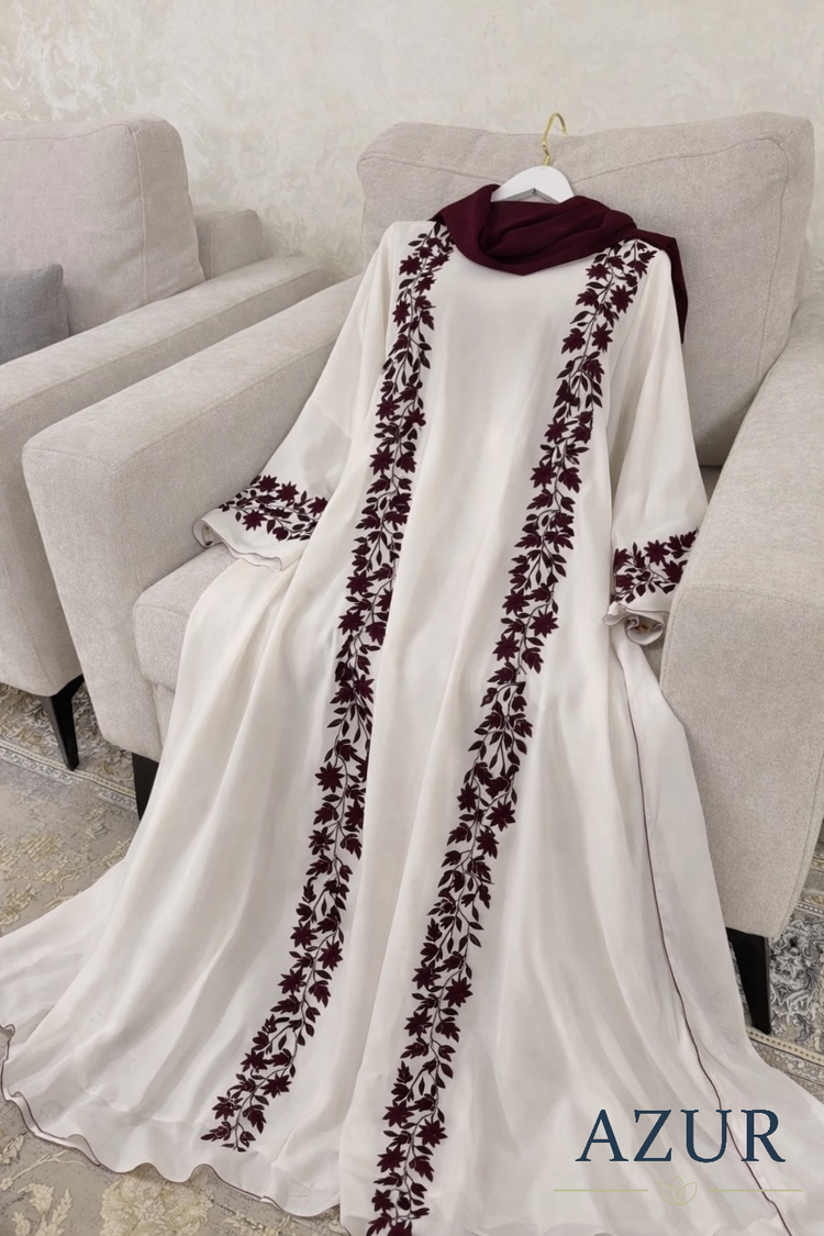 Ivory & Maroon Panel Embroidered Abaya