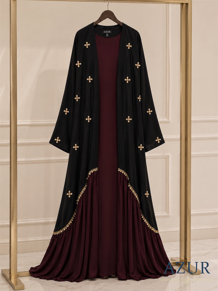 Noir Maroon Embellished Abaya Set