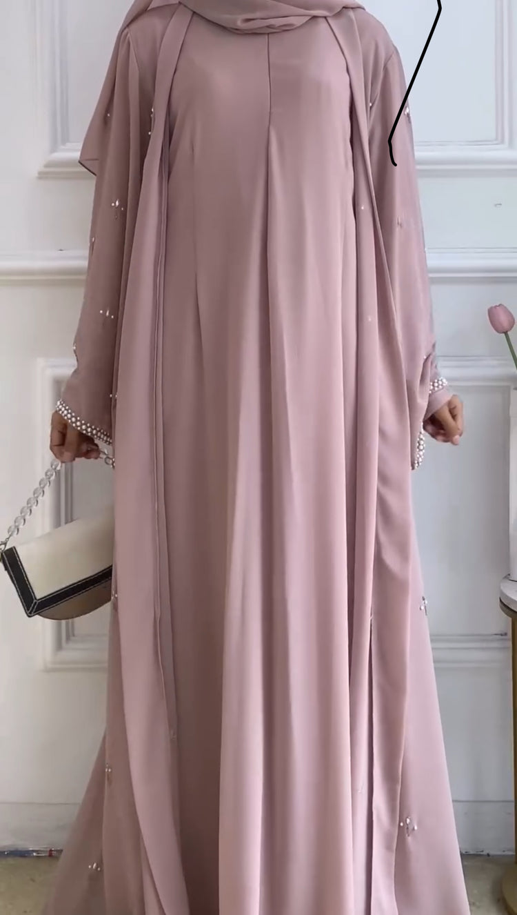 Blush Pearl-Trimmed Double Georgette Abaya Set