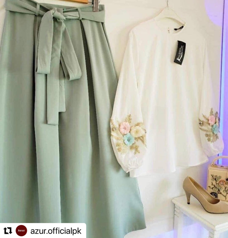 Elegant Shirt & Flowy Skirt Set with 3D Floral Motif