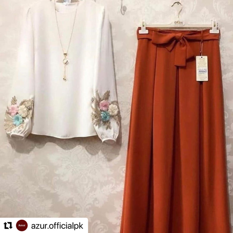 Elegant Shirt & Flowy Skirt Set with 3D Floral Motif