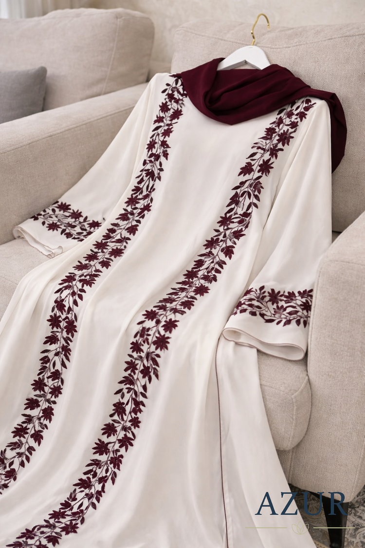 Ivory & Maroon Panel Embroidered Abaya