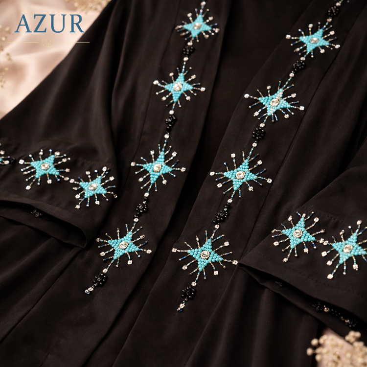 Black Double Georgette Abaya with Hand-Embellished Turquoise Detailing