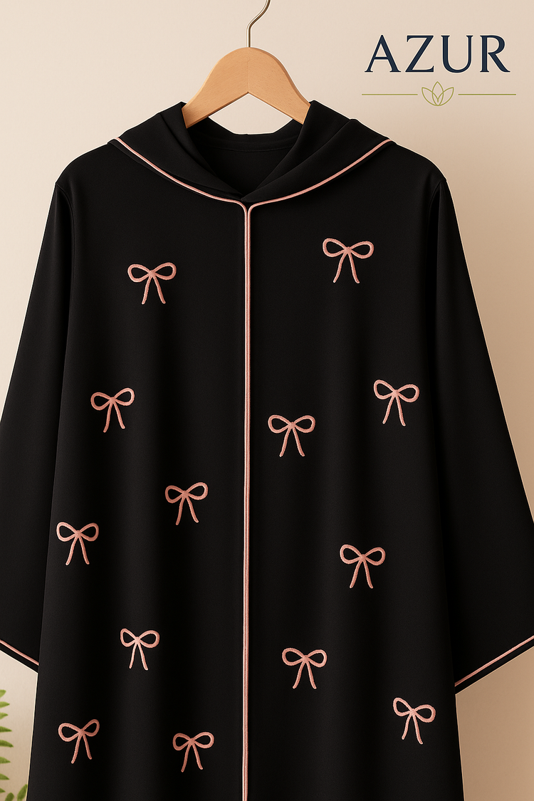 Black Abaya with Pink Bow Embroidery