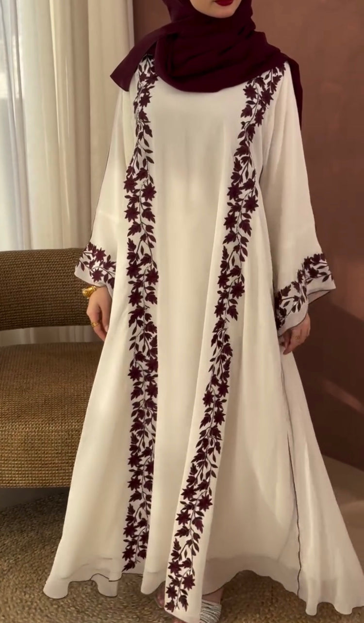 Ivory & Maroon Panel Embroidered Abaya