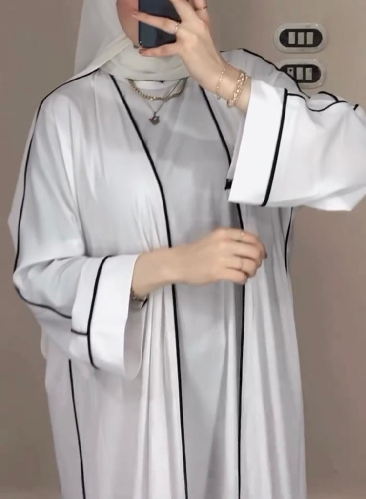 Elegant White Double Georgette Abaya with Inner – Black Piping Detail