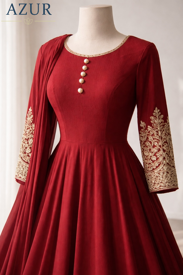 Embroidered Sleeve Flared Gown with Chiffon Dupatta