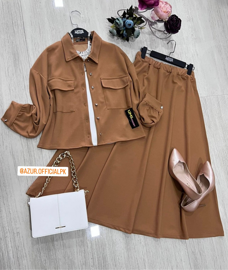 Double Georgette 3-Piece Co-Ord Set (Inner, Shirt & Skirt)