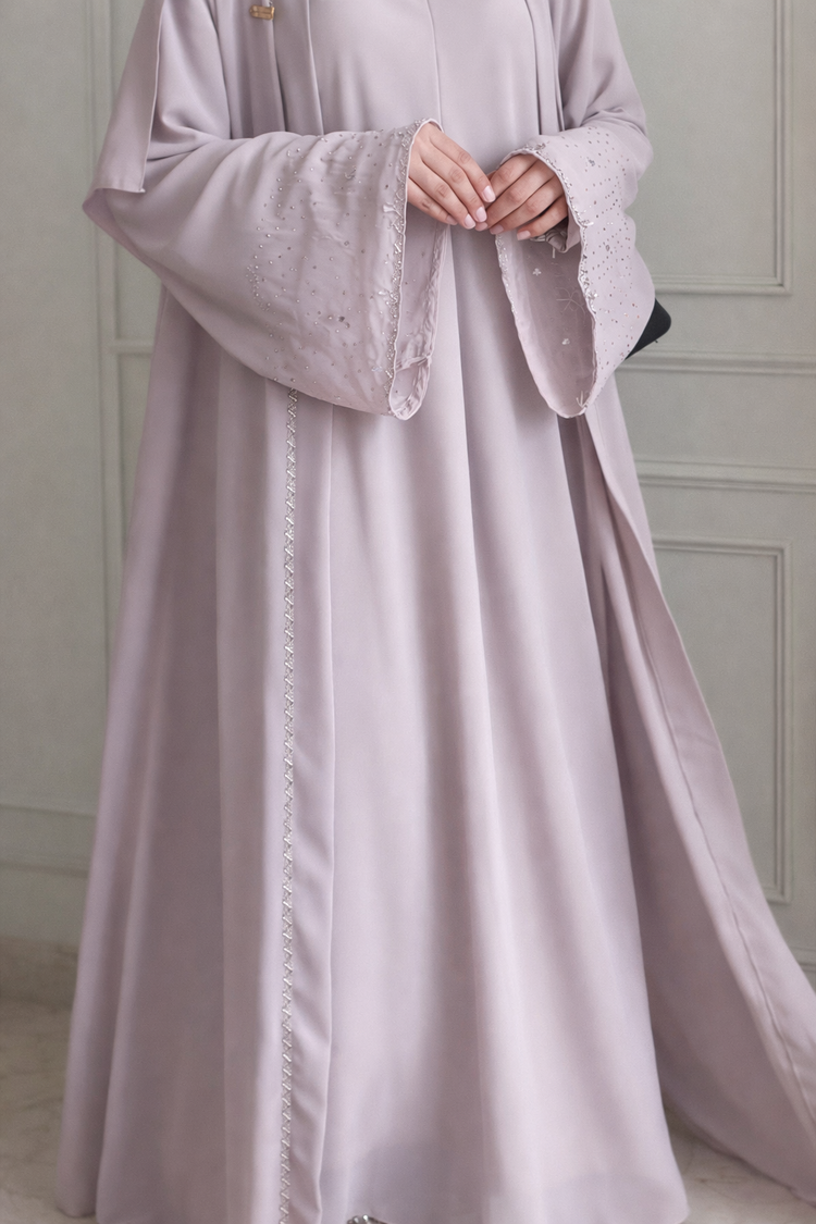 Luxury Open Front Gown with Embellished Sleeves & Inner