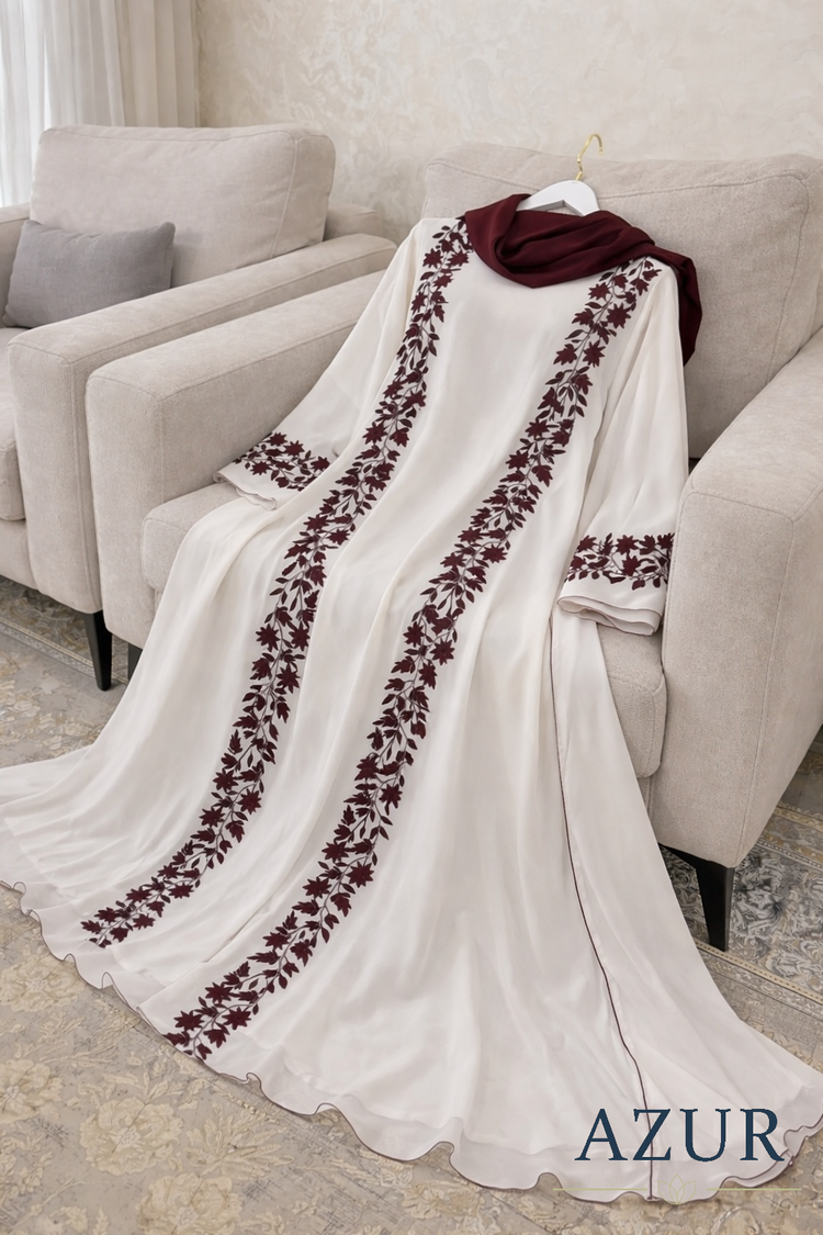 Ivory & Maroon Panel Embroidered Abaya