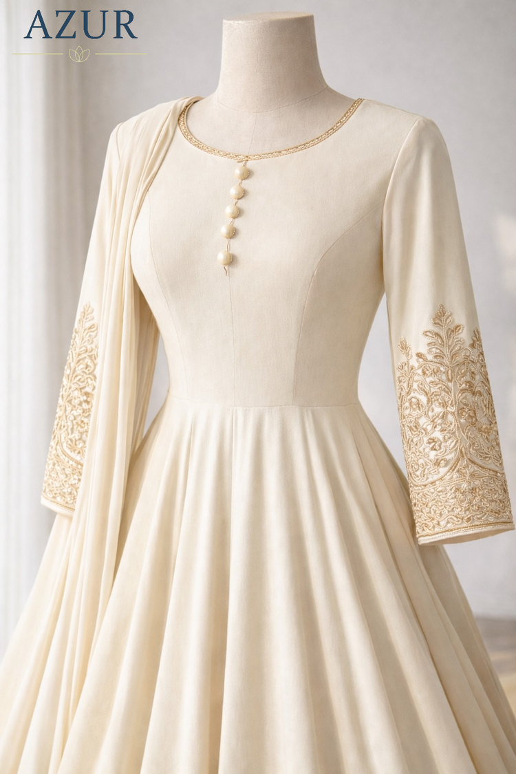 Embroidered Sleeve Flared Gown with Chiffon Dupatta