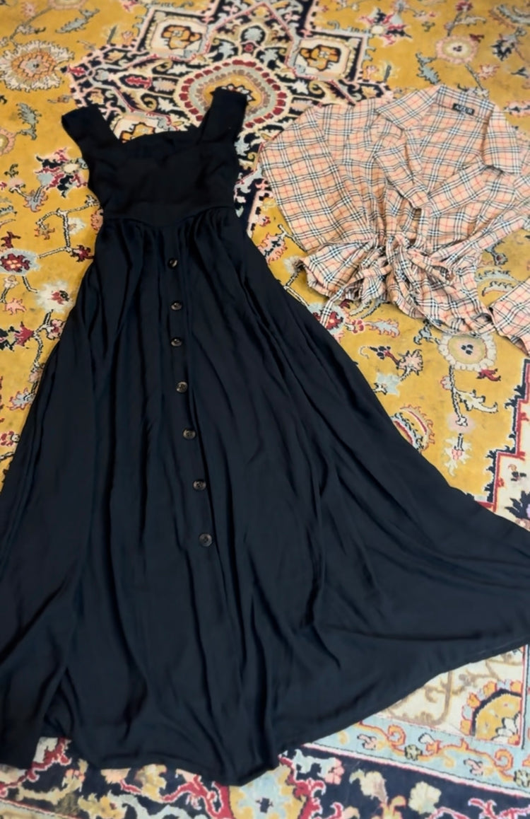 Button-Down Flowy Dress with Plaid Jacket – Double Georgette & Linen