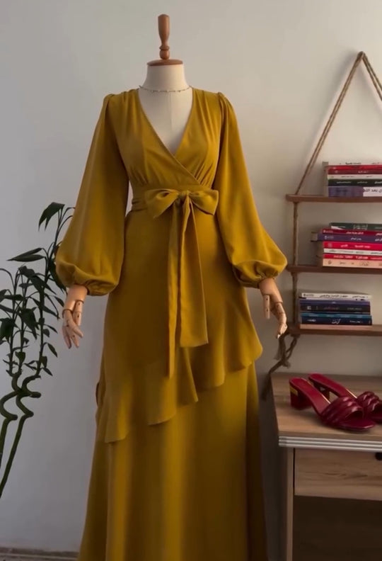 Mustard Wrap Dress with Statement Bow