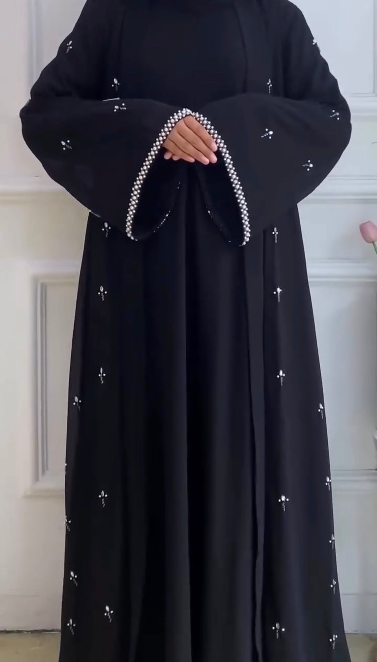 Black Pearl-Trimmed Double Georgette Abaya Set