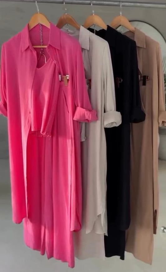 Linen 3-Piece Co-Ord Set – Shirt, Trousers & Gown