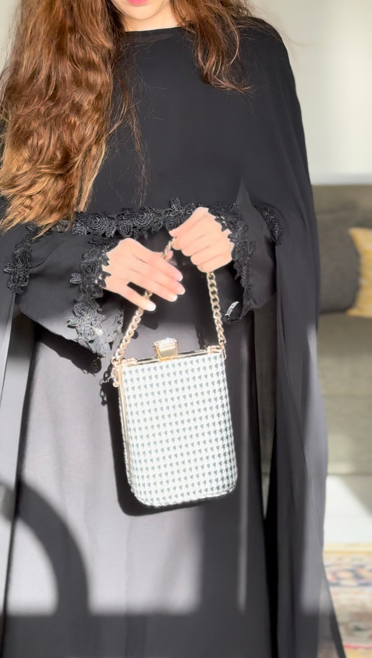 Elegant Black Double Georgette Abaya with Floral Lace Cape