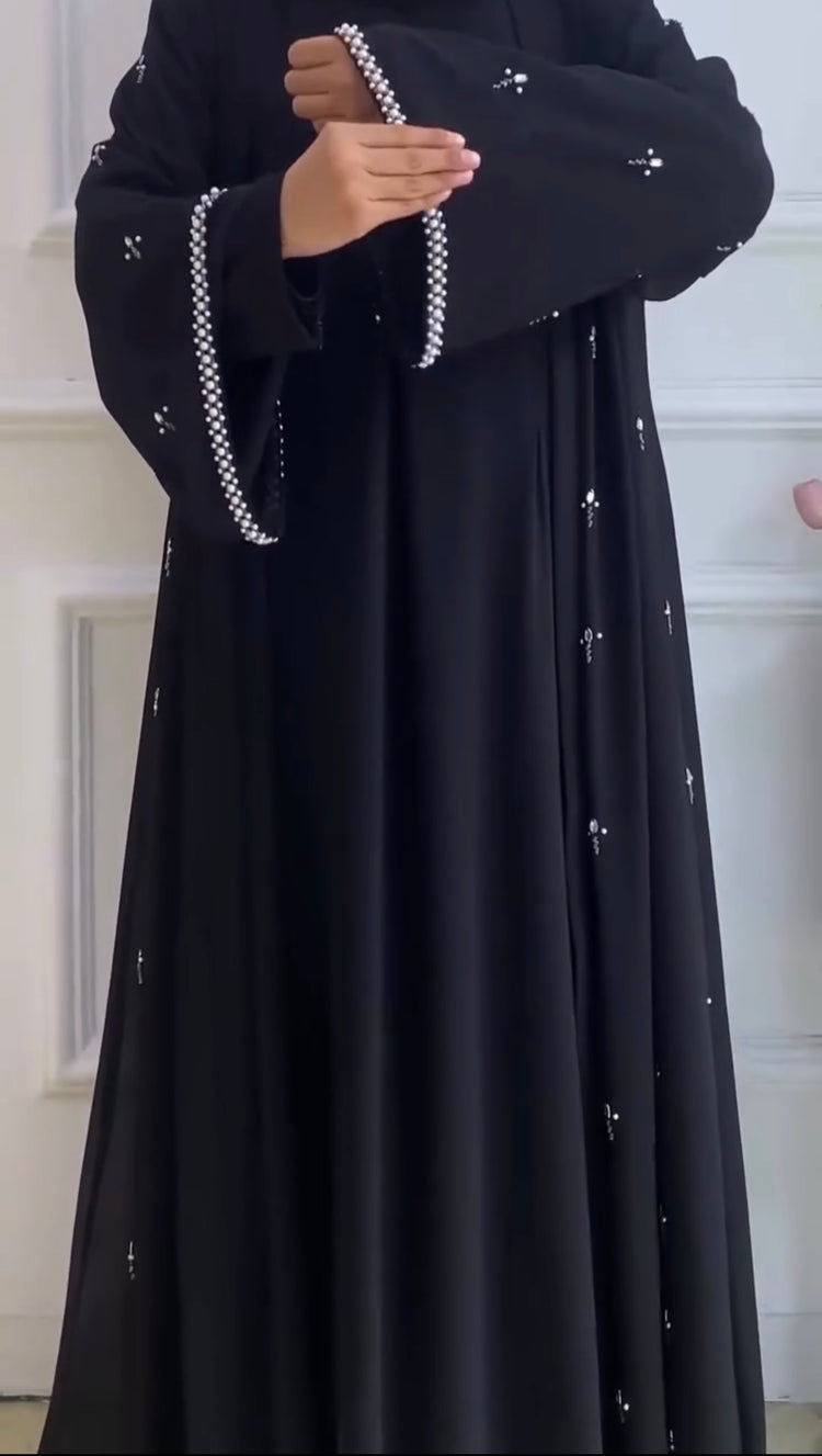 Black Pearl-Trimmed Double Georgette Abaya Set